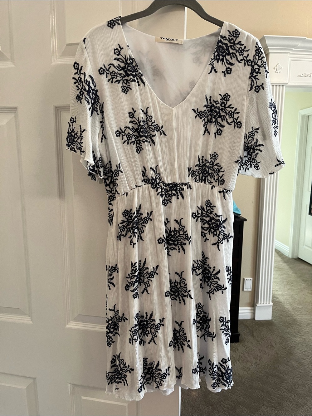 Haptics White V-Neck Dress with Navy Floral Embroidery
